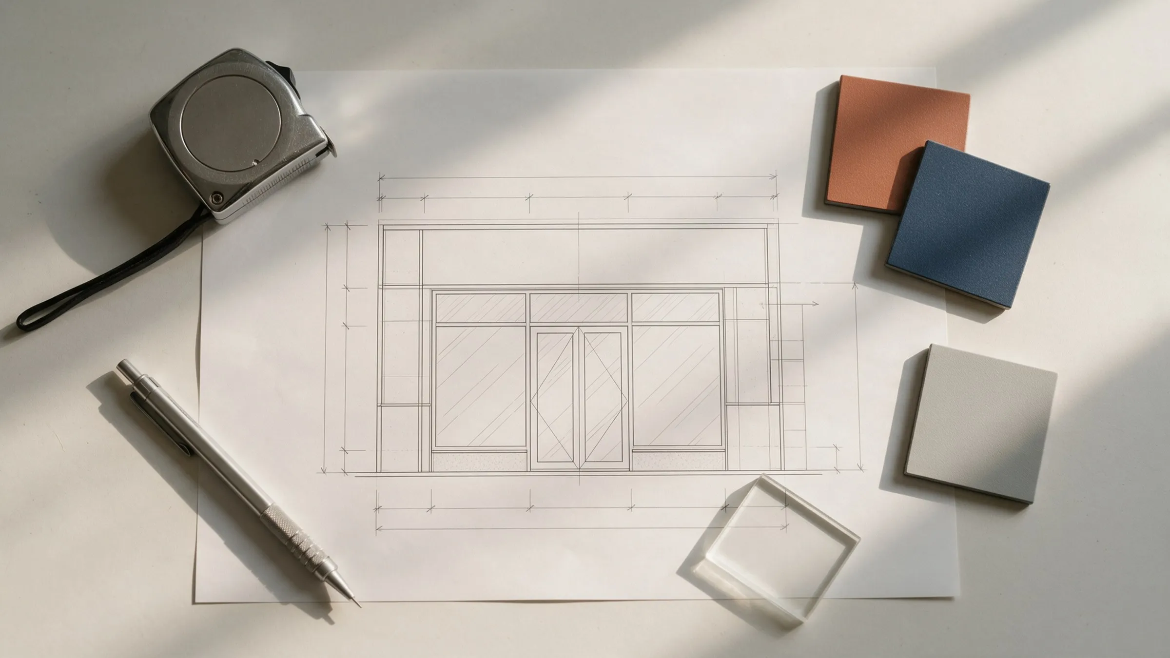 Mesa de projeto vista de cima, com um desenho técnico de fachada, trena, lapiseira e amostras de material